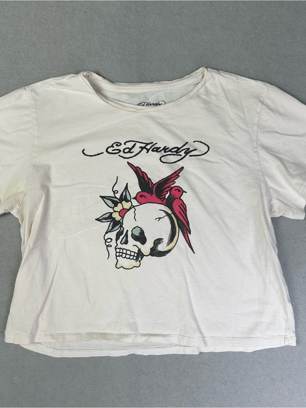 Ed Hardy White Tee with Skull & Red Bird Graphic